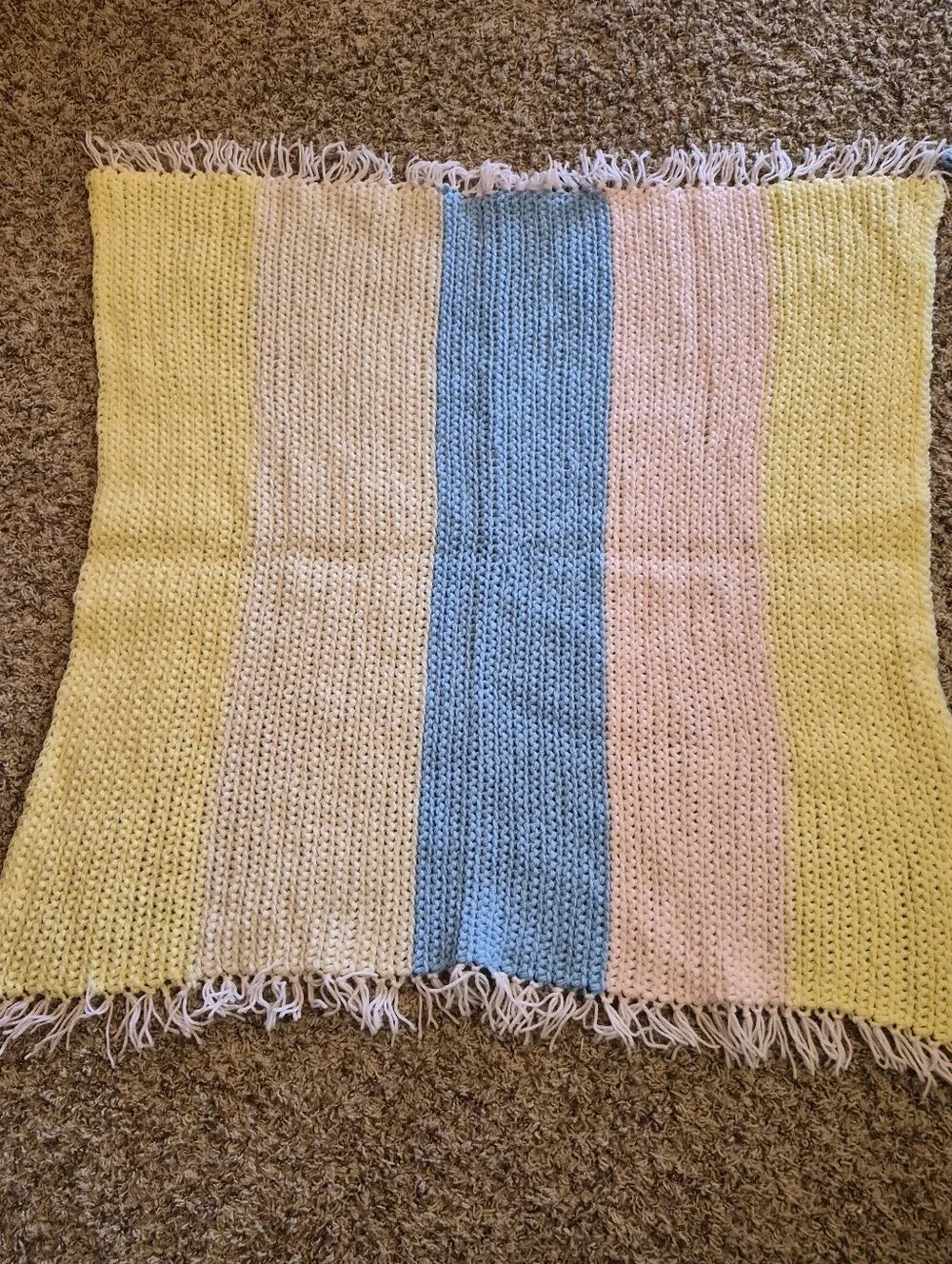 2 Twin Handmade Pastel Striped Baby Afghans with Soft Fringe Edging